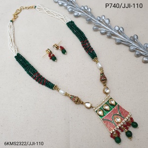 Handcrafted Kundan Pendant Necklace Set with Green & Red Beads Indian Ethnic <b>Jewelry</b> Set Traditional Bridal Meenakari <b>Jewelry</b> - Product Image 1