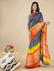 Sarees en mousseline de soie marron sur mesure sérigraphié et bloc imprimé avec des techniques tissées pour un style uni personnalisé pour une utilisation sur canapé - Product Image 3