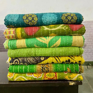 Green Color Way Kantha <b>Quilt</b>, Handmade Blanket Reversible Kantha <b>Throw</b>, Cotton Sari Kantha Bedspread Hand Stitched <b>Quilts</b> - Product Image 1