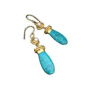 Vergoldete stilvolle Perle und Türkis Stein hand gefertigten Ohr draht Ohrring angepasst oem odm einzigartige trend ige SKU6796