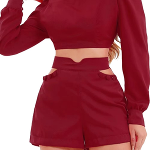 Conjunto de 2 piezas de Top y pantalones cortos de alta calidad con detalle de corte rojo personalizado para mujer, conjunto de pantalones cortos informales de cintura alta de Color sólido para mujer, conjunto de manga larga - Product Image 5