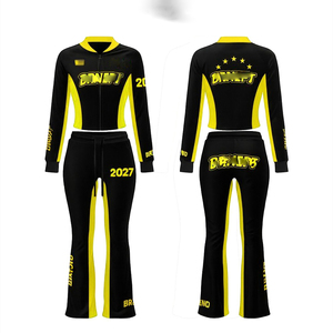 Conjunto de Pantalón y Camiseta para Mujer de Poliéster y Spandex de Primera Calidad, 220 GSM, Diseño de Paneles en Negro y Amarillo, Impresión por Sublimación Personalizada - Product Image 1