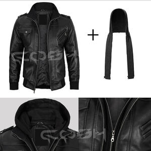 ผู้ผลิตแจ็คเก็ตบอมเบอร์หนังสีดำคุณภาพสูงสำหรับผู้ชายแบบมีฮู้ดถอดได้ พร้อมชายเสื้อและปลายแขนเสื้อแบบริบ - Product Image 5