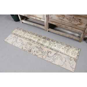 Turkish Vintage <b>Runner</b> Rug 1.6x5.2 ft, Brown <b>Green</b> Striped Wool Rug - Product Image 2