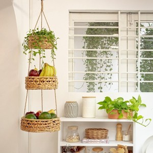 ตะกร้าเก็บผลผลิตจากผักตบชวา ตะกร้าแขวนสานด้วยมือ ภาชนะจัดระเบียบในครัว - Product Image 5
