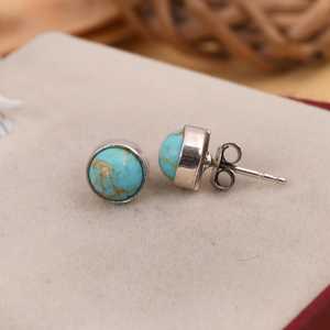 Kingman Turquoise Beaded Sterling Silver Stud Earrings with Bezel Setting Luxury Boho Jewelry for Party & Gift - Product Image 5