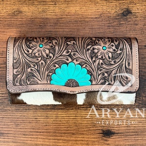 Embrague de cuero mecanizado a mano para mujer a la moda, pelo occidental en piel de vaca, tarjetero Floral para mujer, sobre de dinero en efectivo, carteras largas de bolsillo - Product Image 1