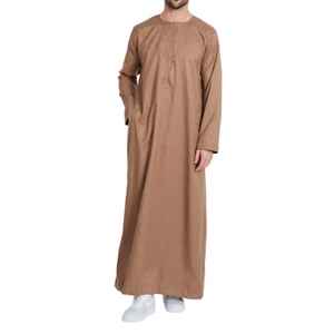 Automne Collection Hommes Omani Robe Couleur Unie À Manches Longues Brodé Cou Gros Spike Made Polyester Nouveau Musulman Traditionnel - Product Image 1