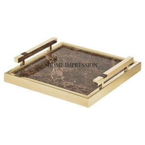 Plateau de service en forme de rectangle en bois d'acacia de qualité supérieure avec poignées en métal plaqué or pour une meilleure prise en main - Product Image 3