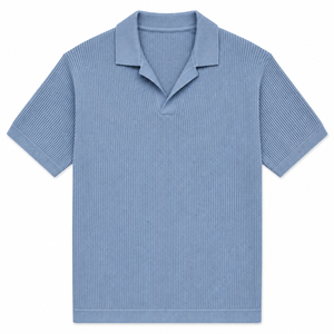 T-shirt en maille texturée de qualité supérieure pour homme, col Johnny ouvert, col en V, coupe décontractée, coton piqué, maille côtelée, style polo, décontracté chic, été - Product Image 2
