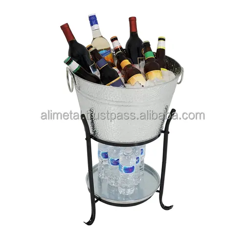 Seau à glace portable pour boisson, avec support et plateau pour fêtes, support en acier galvanisé, pour la bière, le vin, le Champagne, et plus