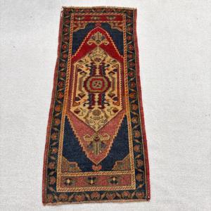 Vintage Small Rug, 1.8x4.3 ft Turkish Rug, <b>Red</b> Patchwork <b>Wool</b> Rug - Product Image 1