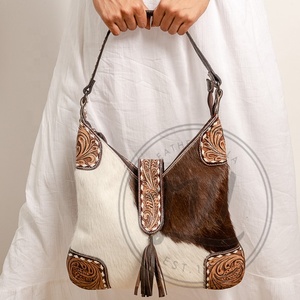 Handmade Large Cowhide Tote <b>Shoulder</b> Bag Genuine Leather with Tooling Patch and Matching <b>Straps</b> Portable Mid Hairon Design - Product Image 4