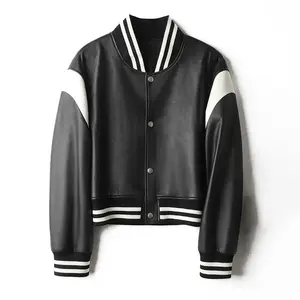 2023 Lady Real Leather Bomber Jacket Fashion Streetwear Short Sheepskin Female Black Varsity Jacket with White Leather Inserts