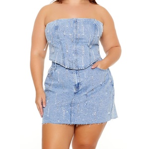Plus Size Rhinestone Denim Tube Top 2025 Top Selling Breathable Cheap Priced Low MOQ Customized Design women's <b>shirt</b> OEM - Product Image 1