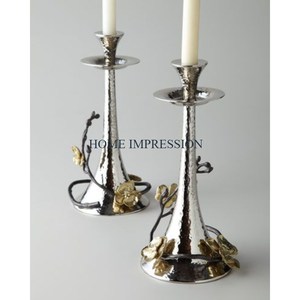 Portavelas de acero inoxidable de metal decorativo para boda, Juego de 2 candelabros redondos de diseño martillado pulido con espejo - Product Image 1