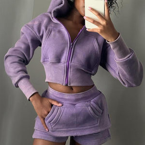 ชุดวอร์มผู้หญิงแบบซิป สไตล์วินเทจฟอกสี ชุดจ็อกเกอร์ ชุดแทรคสูท เสื้อครอปฮู้ดดี้และกางเกงขาสั้นสำหรับผู้หญิง - Product Image 6