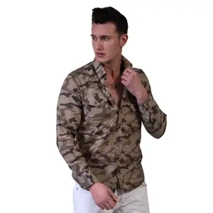 Beige and Khaki Camouflage Safari Style Men's Dress Shirt with Your Own Logo 100% Cotton Double Pocket Style