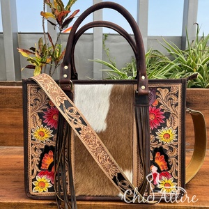 กระเป๋าโท้ทหนังทำมือสำหรับผู้หญิง, กระเป๋าหนังวัวลายดอกไม้ความจุขนาดใหญ่กระเป๋าพาดลำตัว - Product Image 1