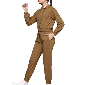 Femmes de haute qualité 100% coton hiver à capuche décontracté écologique survêtement couleur unie deux pièces Jogging ensemble coupe régulière OEM - Product Image 6