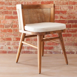 Modern Teak Rattan Dining <b>Chair</b> with Rounded <b>Wooden</b> Back Frame Woven Rattan Panel Thick Seat Cushion for Apartment Use - Product Image 1