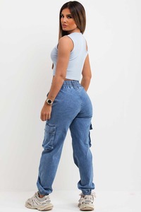 Pantalones vaqueros azules de moda para mujer de calidad superior, bolsillo utilitario personalizado, cintura elástica, Frente plano, diseño elegante a la moda - Product Image 6