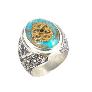 Men's 925 Sterling <b>Silver</b> Turquoise Stone Engraved <b>Pen</b>-Shaped Ring-Inlay Technology Bezal Setting Everyday Wear - Product Image 1