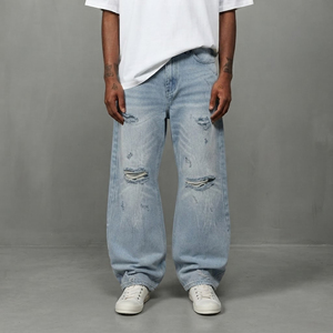 Hot Selling article custom Embroidered Streetwear Hip Hop Straight Fit Denim Jeans for Men's Breathable Washed baggy fit man pan - Product Image 1