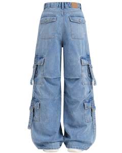 Jean cargo à jambes larges bleu clair pour femmes, pantalon en denim ample à taille haute avec plusieurs poches, streetwear, fournisseur OEM - Product Image 3