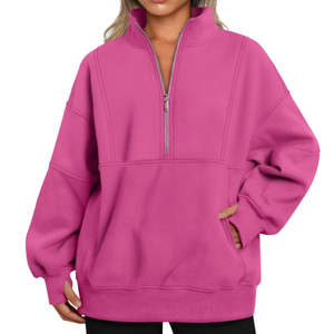 Haute qualité couleur rose à manches longues demi fermeture éclair col roulé mode décontractée col roulé fermeture éclair à capuche courte pour les femmes - Product Image 2