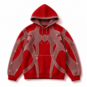 Sudadera con Capucha Personalizada de Felpa Gruesa 100% Algodón con Pedrería, Diseño de Contraste Rojo y Gris, Sudadera Tipo Pullover, Proveedor - Product Image 1