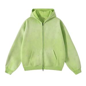 Sudadera con capucha de algodón French Terry negra, extragrande, con diseño de pedrería desgastada, bordada, con lavado ácido, estilo crop, para invierno - Product Image 2