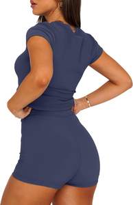 Women's Seamless Ribbed 2 Piece Workout Set <b>Short</b> <b>Sleeve</b> Crop <b>Top</b> High Waist Yoga <b>Shorts</b> Cotton Material for Everyday Gym - Product Image 5