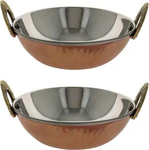 Jogo de servidor de tigela de cobre indiano, conjunto de 2 servidores de cobre antigo karahi com punho de bronze de 6 polegadas para comida
