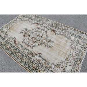 Alfombra turca clásica vintage de lana de retazos beige y verde con respaldo de látex hecha a mano, alfombras rectangulares de mesa auxiliar de 4 '9 "x 7' 3" - Product Image 4