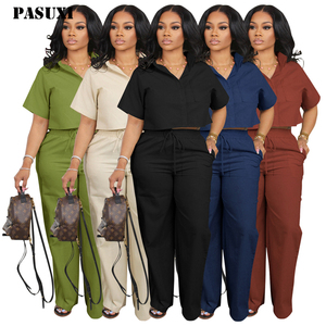 Pasuxi 2025 Mùa Hè Hai Mảnh Phụ Nữ Trang Phục Giản Dị Ngắn Tay Áo Cắt Nút Xuống Áo Sơ Mi Và Chân Rộng Quần Dài Phòng Chờ Thiết Lập - Product Image 1