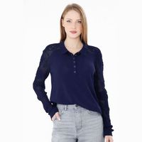 Blouse élégante en tricot à col polo pour femme - Motif rose, dentelle, manches longues, blanc, chic, tricot