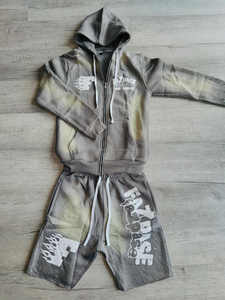 <b>Zip</b> up Hoodie Acid Wash 3d Printing Vintage Retro Washed Zipper Summer Hoodie Screen Printing Hoodies Premium <b>Shorts</b> Set - Product Image 3