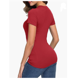 Camiseta de manga corta con cuello redondo para mujer, camiseta ajustada, Camisetas básicas transpirables con botón de decoración de logotipo, estilo informal para el verano - Product Image 3