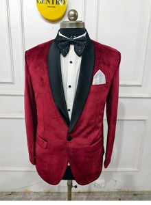 ชุดสูทกำมะหยี่สีแดงสำหรับผู้ชายชุดทักซิโด้ผ้าซาตินมีปกสีดำสำหรับเจ้าบ่าวหรืองานพรอม - Product Image 6