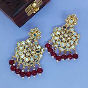 Indian Gold Plated <b>Earrings</b> Crystal Glass Stone Faux Pearl Chandelier <b>Drop</b> <b>Earrings</b> Jewelry For Women, Maroon - Product Image 1