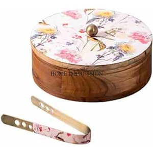 Nouveau modèle arrivée Casserole Chapati de forme ronde en bois de qualité supérieure avec couvercle supérieur et pince en métal plaqué or de haute qualité - Product Image 3