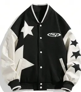 Men Star & Letter Graphic Striped Trim Drop Shoulder Varsity Jacket