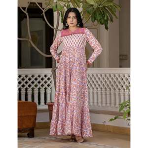 White Pink Jaal Cotton <b>Block</b> <b>Printed</b> Anarkali Dress for Girls Pakistani & Indian Style Ethnic Wear Salwar Kameez for Parties - Product Image 3