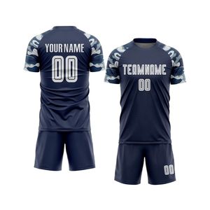 Ensemble de maillot et short de football bleu marine, tenue de football performante avec manches camouflage pour l'entraînement, les matchs de ligue, les uniformes de jeu - Product Image 1