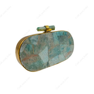 Pochette de soirée de luxe pour femme en mosaïque de pierres précieuses ovales d'amazonite avec cadre doré, incrustation de pierres naturelles, sac de soirée - Product Image 3
