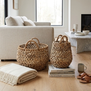 Natural Hand Woven Banana Bark <b>Basket</b> Set Open Web Net <b>Mesh</b> Belly Pot Planter Pure Art Arch Handle Decor Setup Room Design Craft - Product Image 5
