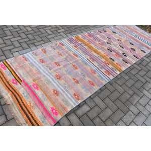 Tapis vintage, tapis turc de 3,9 x 11,8 pieds, tapis Kilim bleu rose avec motifs de plantes et d'arbres - Product Image 2