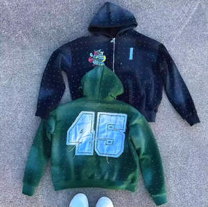 ผู้ผลิต OEM เสื้อฮู้ดดี้ครอปทรงวินเทจสำหรับผู้ชาย ผ้าฝ้ายเฟรนช์เทอร์รี่ ซิปหน้า พิมพ์ลาย DTG ประดับคริสตัล ลุคทำเก่า - Product Image 2