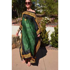 Vestido Largo Tipo Kaftan con Estampado Animal Verde para Mujer, Borde de Leopardo, Ajuste Holgado, Estilo Informal, Ropa de Lujo para Resort - Product Image 3